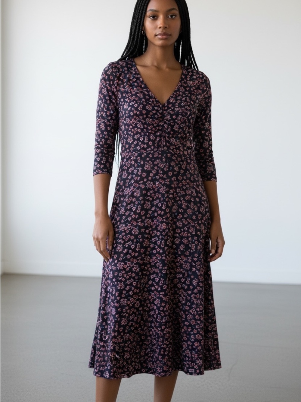 Donna Morgan Black Berry Floral Midi Wrap Dress 0